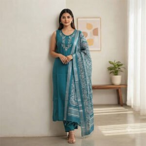 Ladies Muslin Embroidery Sleeveless Kurti Pant Set