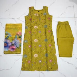 Ladies Cotton Embroidery Sleeveless Kurti Pant Set